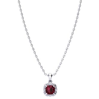 Garnet Necklace: Garnet Jewelry: 2 1/2ct Cushion Cut Garnet and Diamond Necklace In 10K White Gold