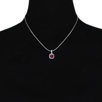 Garnet Necklace: Garnet Jewelry: 2 1/2ct Cushion Cut Garnet and Diamond Necklace In 10K White Gold
