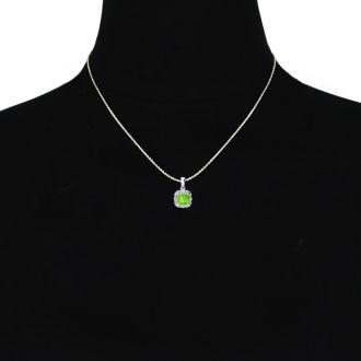 2 1/2ct Cushion Cut Peridot and Diamond Necklace In 10K White Gold