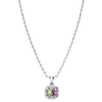 2-1/2 Carat Cushion Shape Mystic Topaz Necklace With Diamonds In 10 Karat White Gold, 18 Inches