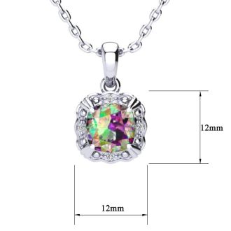 2-1/2 Carat Cushion Shape Mystic Topaz Necklace With Diamonds In 10 Karat White Gold, 18 Inches