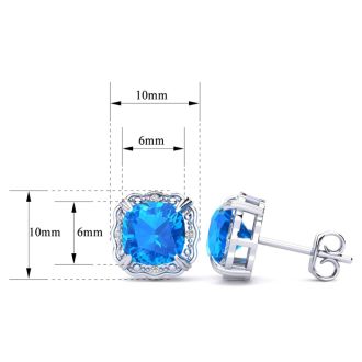 2ct Cushion Cut Blue Topaz and Diamond Earrings in 10k White Gold