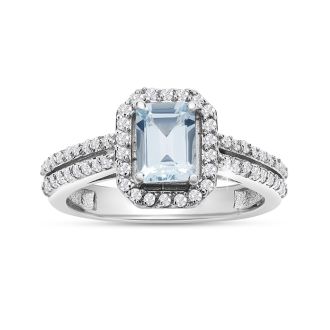 Estate Jewelry 1-1/3 Carat Aquamarine and Halo Diamond Ring In 14 Karat White Gold, Size 7.5