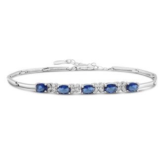 Estate Jewelry Simulated Blue Sapphire Curved Bar Bracelet In Sterling Silver, Adjustable 6.75-7.75 Inches