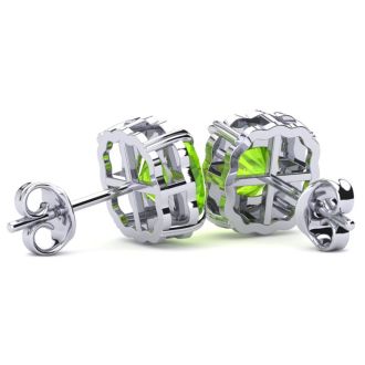 2ct Cushion Cut Peridot and Diamond Earrings in 10k White Gold