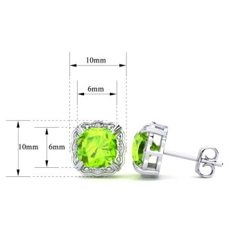 2ct Cushion Cut Peridot and Diamond Earrings in 10k White Gold