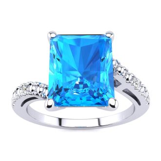 4ct Octagon Blue Topaz and Diamond Ring in 10k White Gold