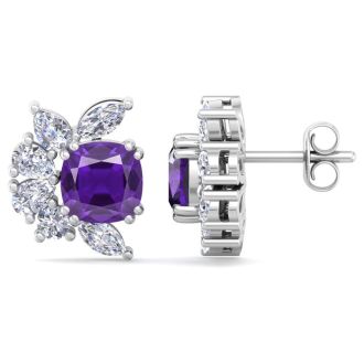 1 3/4 Carat Cushion Cut Amethyst and Lab Grown Diamond Cluster Stud Earrings In 14 Karat White Gold