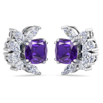 1 3/4 Carat Cushion Cut Amethyst and Lab Grown Diamond Cluster Stud Earrings In 14 Karat White Gold