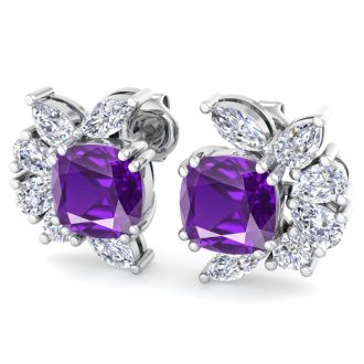 1 3/4 Carat Cushion Cut Amethyst and Lab Grown Diamond Cluster Stud Earrings In 14 Karat White Gold