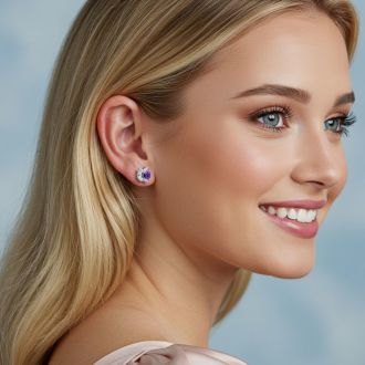 1 3/4 Carat Cushion Cut Amethyst and Lab Grown Diamond Cluster Stud Earrings In 14 Karat White Gold