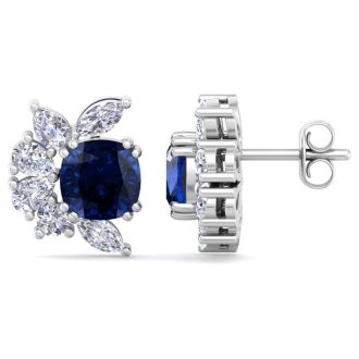 1 3/4 Carat Cushion Cut Sapphire and Lab Grown Diamond Cluster Stud Earrings In 14 Karat White Gold