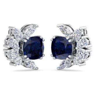 1 3/4 Carat Cushion Cut Sapphire and Lab Grown Diamond Cluster Stud Earrings In 14 Karat White Gold