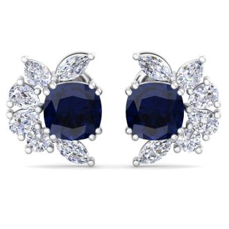 1 3/4 Carat Cushion Cut Sapphire and Lab Grown Diamond Cluster Stud Earrings In 14 Karat White Gold