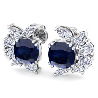 1 3/4 Carat Cushion Cut Sapphire and Lab Grown Diamond Cluster Stud Earrings In 14 Karat White Gold