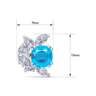 1 3/4 Carat Cushion Cut Blue Topaz and Lab Grown Diamond Cluster Stud Earrings In 14 Karat White Gold
