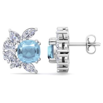 1 3/4 Carat Cushion Cut Aquamarine and Lab Grown Diamond Cluster Stud Earrings In 14 Karat White Gold
