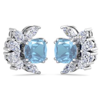 1 3/4 Carat Cushion Cut Aquamarine and Lab Grown Diamond Cluster Stud Earrings In 14 Karat White Gold