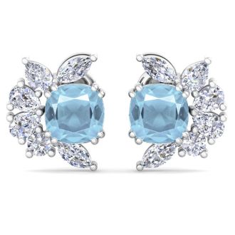 1 3/4 Carat Cushion Cut Aquamarine and Lab Grown Diamond Cluster Stud Earrings In 14 Karat White Gold