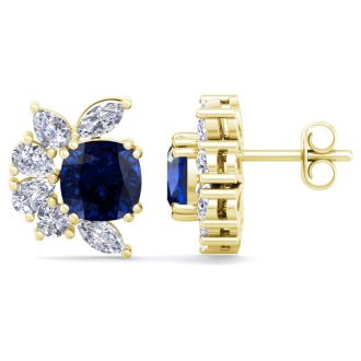 1 3/4 Carat Cushion Cut Sapphire and Lab Grown Diamond Cluster Stud Earrings In 14 Karat Yellow Gold