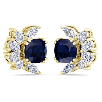 1 3/4 Carat Cushion Cut Sapphire and Lab Grown Diamond Cluster Stud Earrings In 14 Karat Yellow Gold