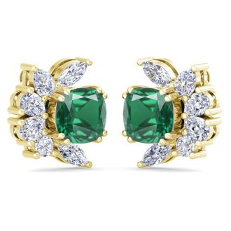 1 3/4 Carat Cushion Cut Emerald and Lab Grown Diamond Cluster Stud Earrings In 14 Karat Yellow Gold