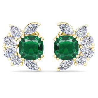 1 3/4 Carat Cushion Cut Emerald and Lab Grown Diamond Cluster Stud Earrings In 14 Karat Yellow Gold