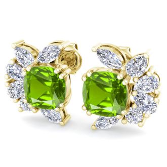 1 3/4 Carat Cushion Cut Peridot and Lab Grown Diamond Cluster Stud Earrings In 14 Karat Yellow Gold