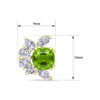 1 3/4 Carat Cushion Cut Peridot and Lab Grown Diamond Cluster Stud Earrings In 14 Karat Yellow Gold