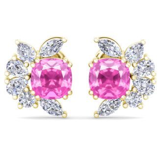 1 3/4 Carat Cushion Cut Pink Topaz and Lab Grown Diamond Cluster Stud Earrings In 14 Karat Yellow Gold