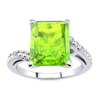 4ct Octagon Peridot and Diamond Ring in 10k White Gold