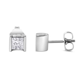 Estate Jewelry 1 Carat Princess Cut Diamond Stud Earrings In 14K White Gold, Bar Setting