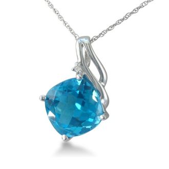Blue Topaz Jewelry: 5ct Cushion Cut Blue Topaz and Diamond Pendant in 10k White Gold