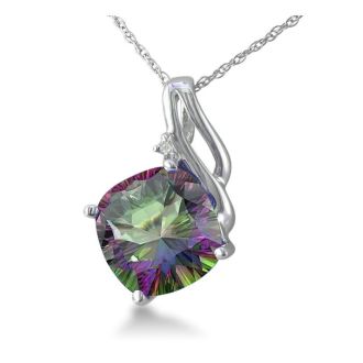 5 Carat Cushion Shape Mystic Topaz Necklace and Diamonds In 10 Karat White Gold, 18 Inches