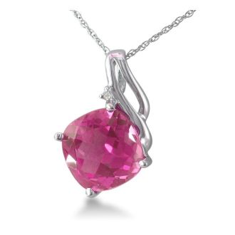 Pink Gemstones 5ct Cushion Cut Pink Topaz and Diamond Pendant in 10k White Gold