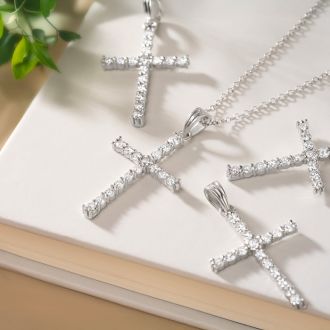 1 Carat Diamond Cross Necklace In Sterling Silver With Free Chain, 18 Inches