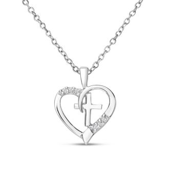 0.03 Carat Diamond Cross and Heart Necklace In Sterling Silver With Free Chain, 18 Inches