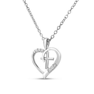 0.03 Carat Diamond Cross and Heart Necklace In Sterling Silver With Free Chain, 18 Inches