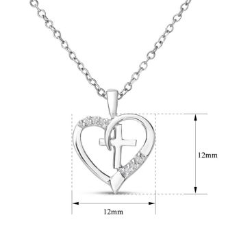 0.03 Carat Diamond Cross and Heart Necklace In Sterling Silver With Free Chain, 18 Inches