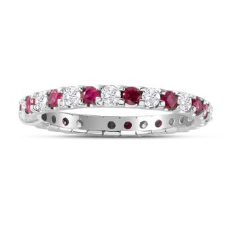 Estate Jewelry 1 Carat Round Ruby and Diamond Eternity Ring In 14 Karat White Gold, Ring Size 7