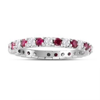 Estate Jewelry 1 Carat Round Ruby and Diamond Eternity Ring In 14 Karat White Gold, Ring Size 7