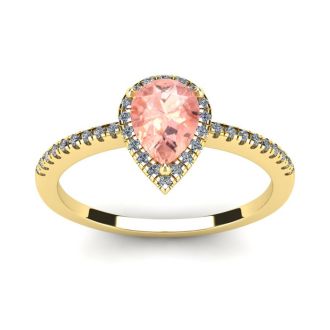 3/4 Carat Pear Shape Morganite and Halo Diamond Ring In 14 Karat Yellow Gold