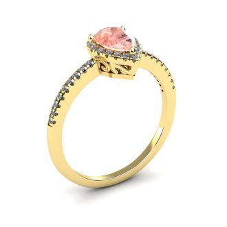 3/4 Carat Pear Shape Morganite and Halo Diamond Ring In 14 Karat Yellow Gold