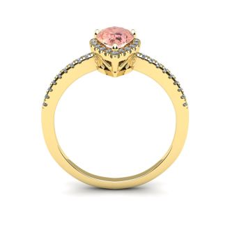 3/4 Carat Pear Shape Morganite and Halo Diamond Ring In 14 Karat Yellow Gold