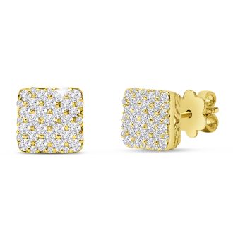 Estate Jewelry 14 Karat Yellow Gold 3/4 Carat Pave Diamond Square Stud Earrings