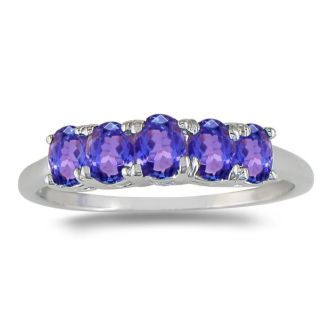 Previously Owned 1ct Five Stone Tanzanite Ring in 10k White Gold, Size 7