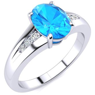 1 1/2ct Oval Shape Blue Topaz and Diamond Ring in 10k White Gold