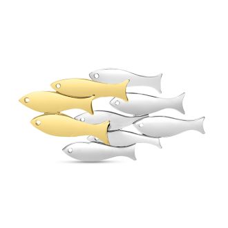 Estate Jewelry Vintage Two Tone School Of Fish Brooch In Sterling Silver and Brass