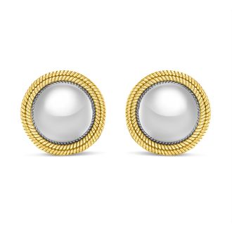 Estate Jewelry Two Tone Vintage Circle Framed Clip-On Button Earrings In Solid Sterling Silver