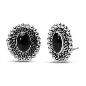 Estate Jewelry Vintage Lace Oval Black Stone Clip-On Earrings In Solid Sterling Silver